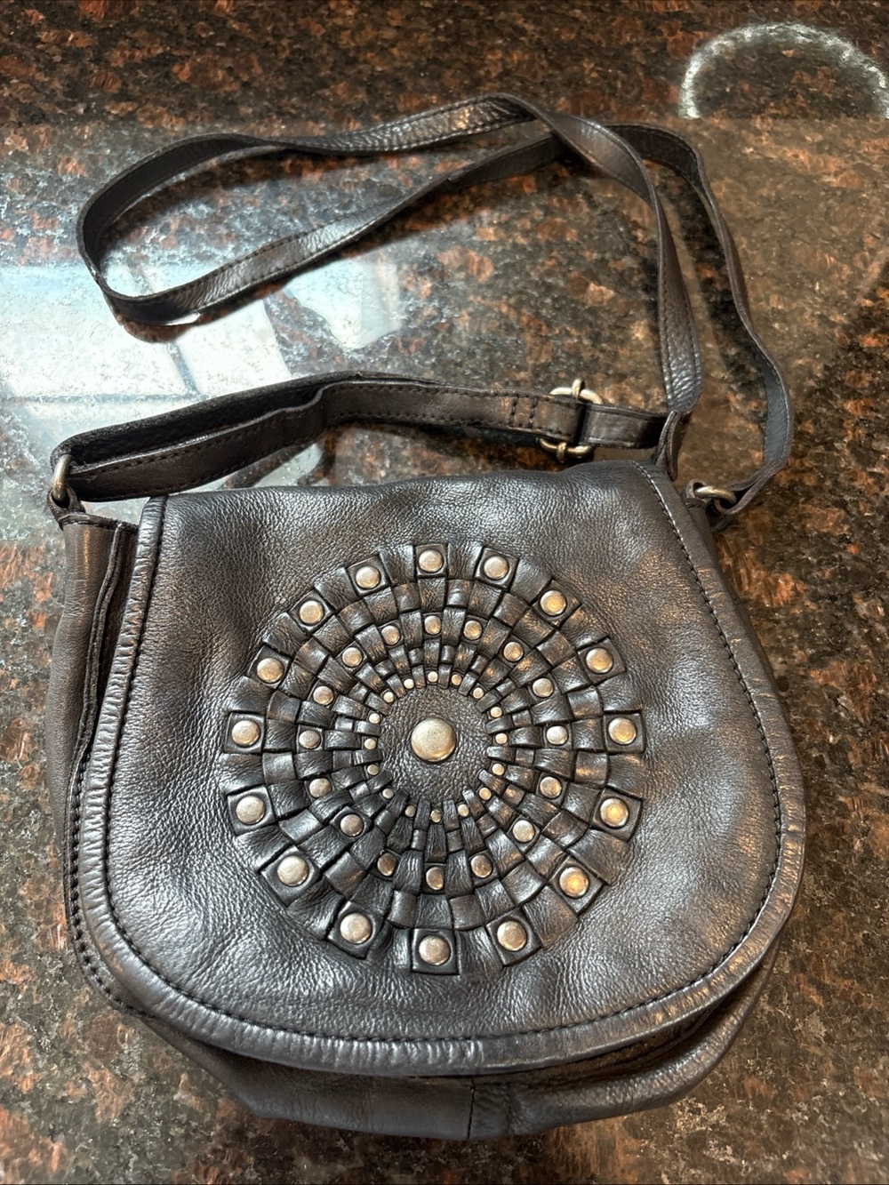 VILENCA HOLLAND Black Leather Medallion Crossbody Shoulder Bag